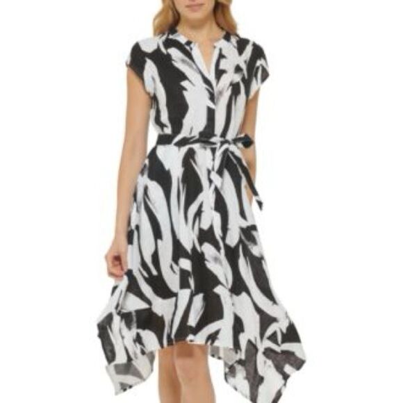 DNKY Linen cap sleeve asymmetrical tie dresssz 12 - Picture 3 of 11